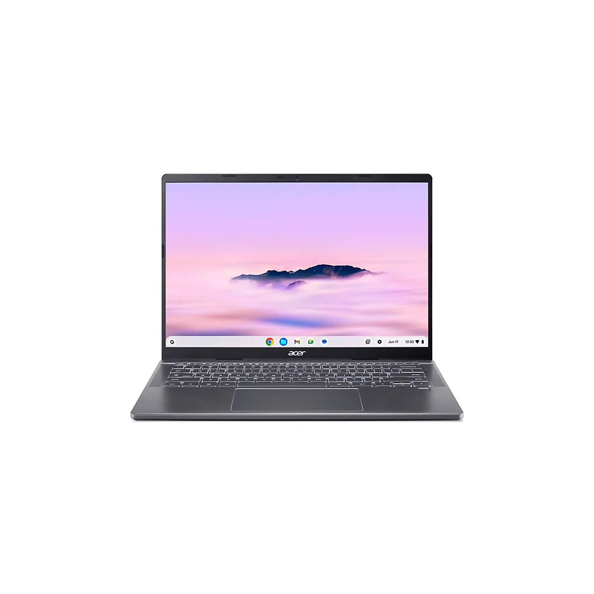 Ein graues Acer Chromebook mit geöffnetem Bildschirm vor weißem Hintergrund. Auf dem Bildschirm ist eine Landschaft mit Wolken und Bergen zu sehen.