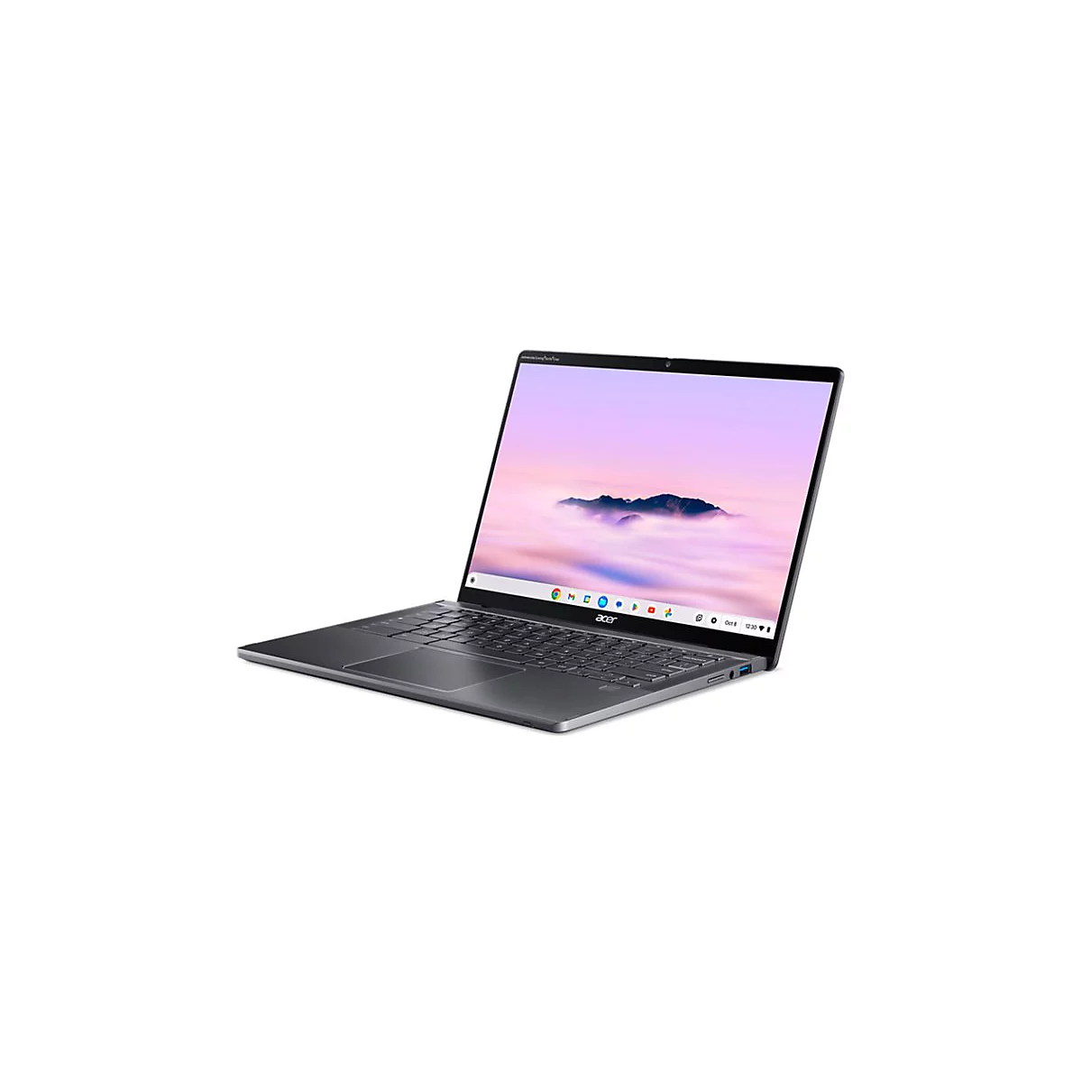 Dunkelgraues Acer Chromebook, geöffnet. Auf dem Bildschirm sind Berge über Wolken zu sehen. Schwarze Tastatur, weißer Hintergrund.
