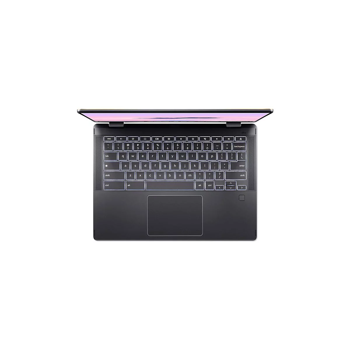 Draufsicht auf ein schwarzes Laptop, leicht geöffnet, mit beleuchteter Tastatur und Touchpad.