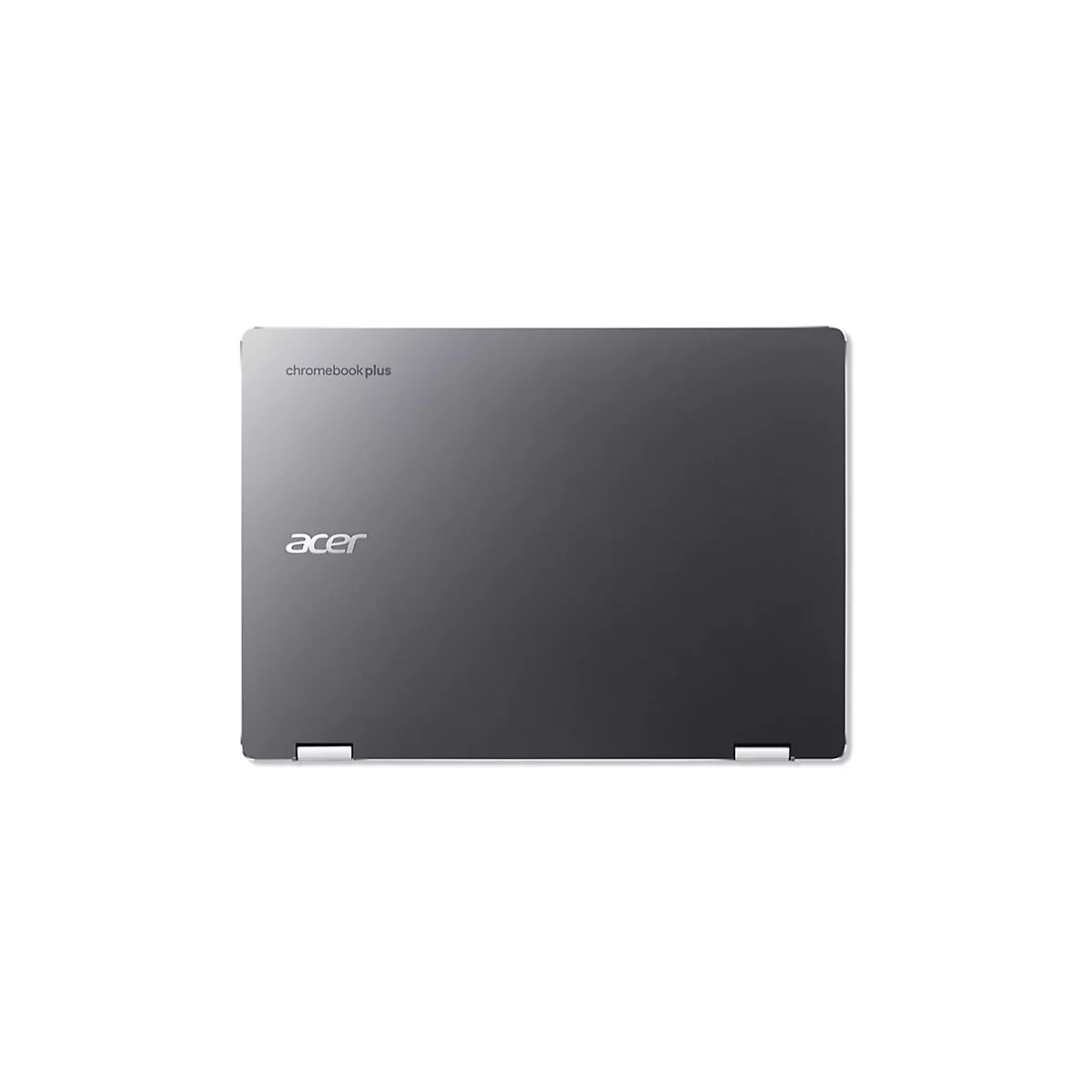 Dunkelgraues Acer Chromebook Plus. Auf der Oberfläche steht "chromebook plus" und "acer" in silberfarbener Schrift.