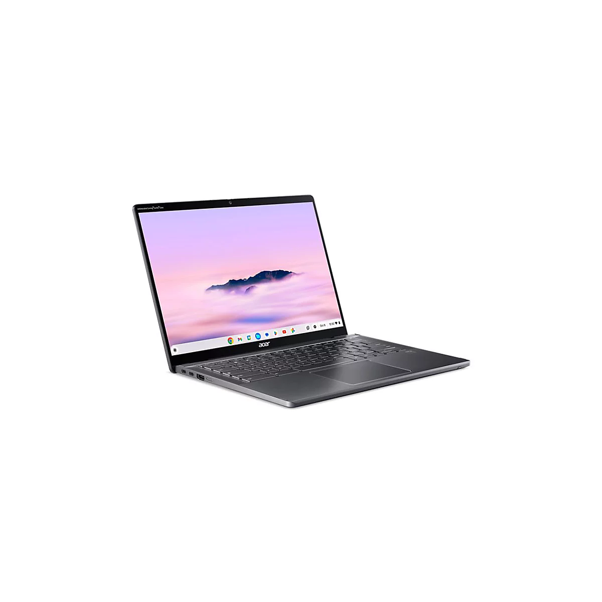 Grauer Laptop mit offenem Bildschirm, zeigt einen Himmel mit Wolken. Die Marke Acer ist sichtbar.