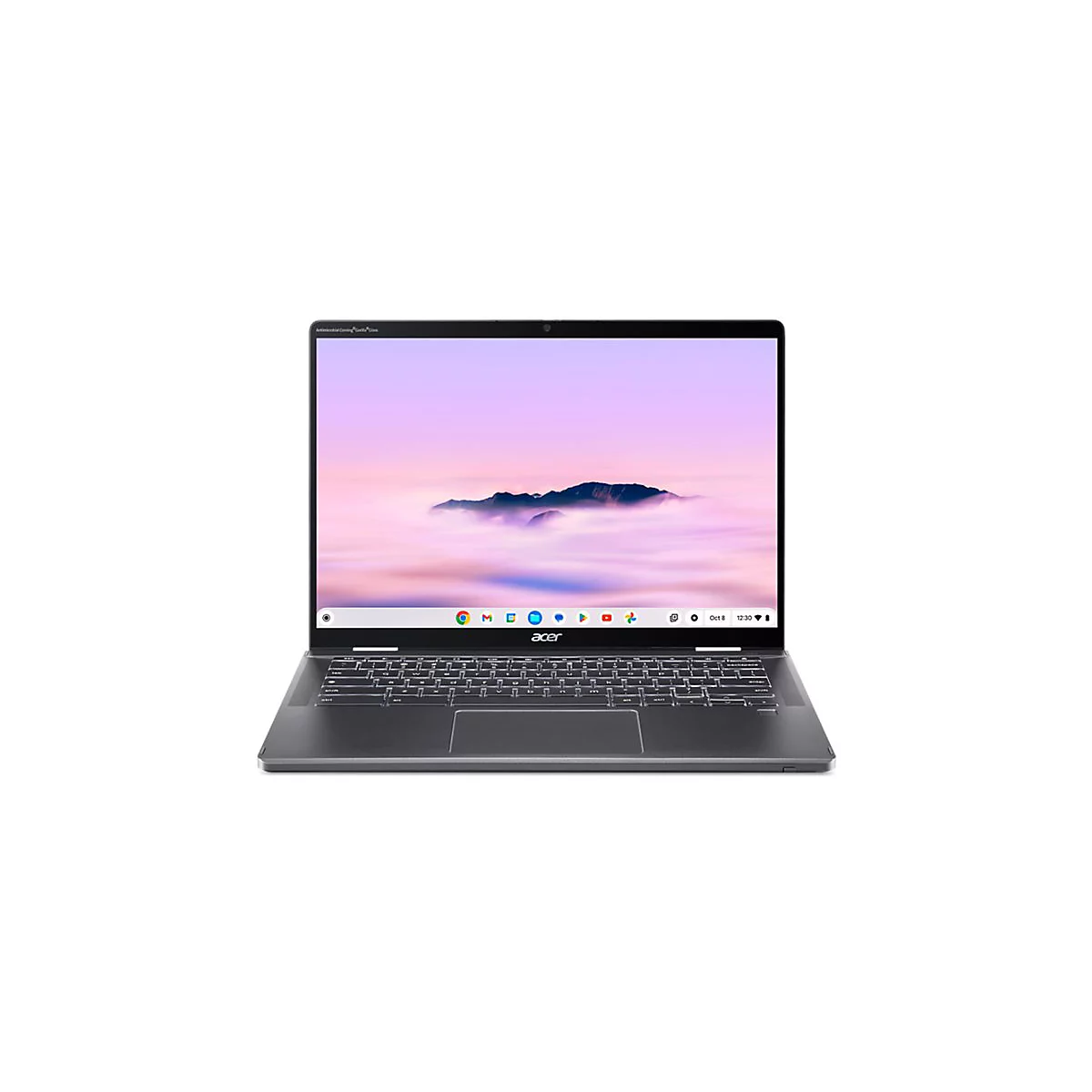 Grauer Laptop mit offenem Bildschirm, Hintergrund mit rosa Himmel und Bergen, Tastatur und Acer-Logo.
