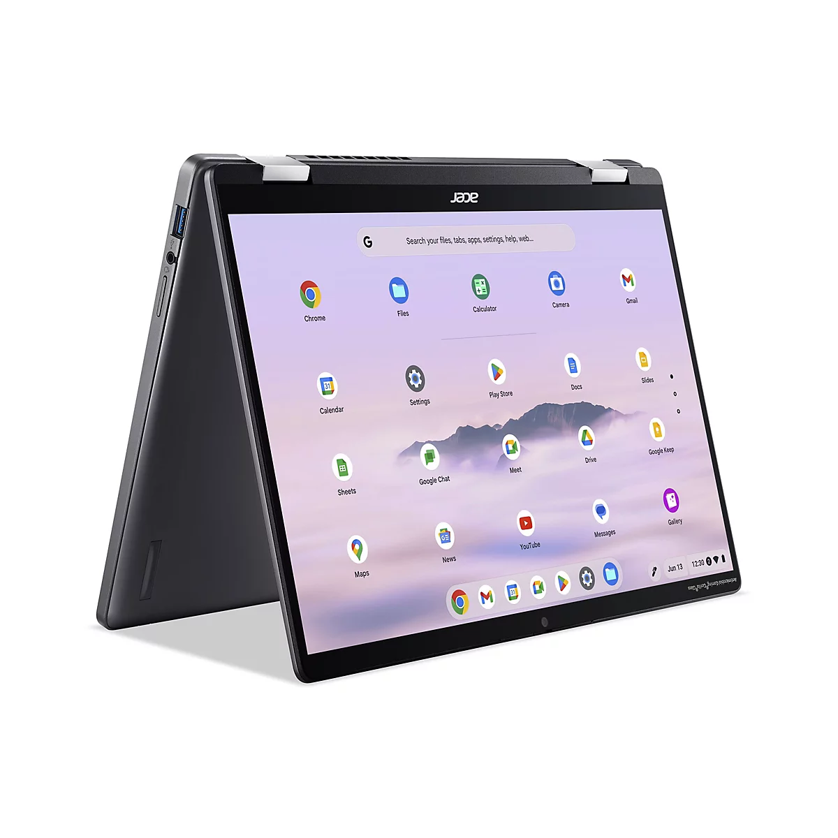 Ein schwarzes Acer Chromebook-Tablet in geöffneter Position, das das Display mit App-Symbolen zeigt. Der Laptop ist auf einem weißen Hintergrund platziert.