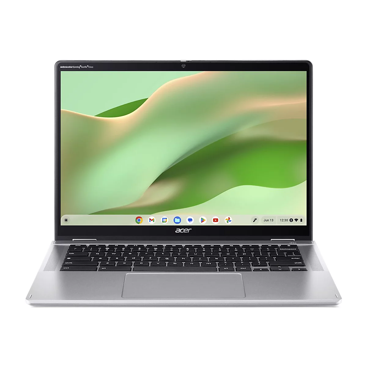 Silbernes Acer Chromebook von vorne mit grünem Bildschirmhintergrund und schwarzer Tastatur.
