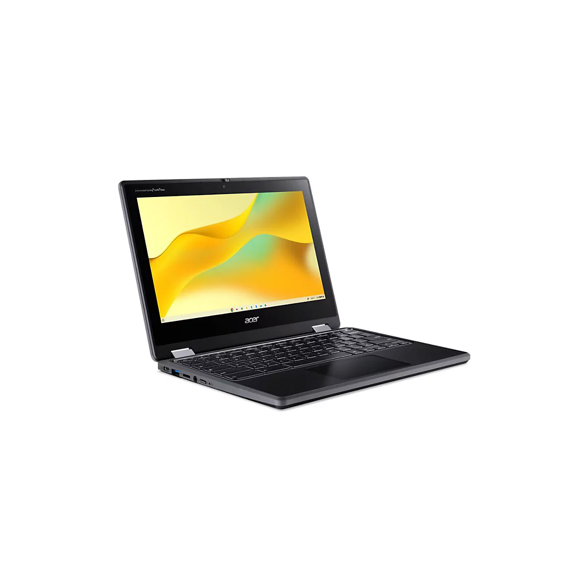 Schwarzes Acer Chromebook, halb geöffnet, mit gelb-orangenem Bildschirmhintergrund. Logo "acer".