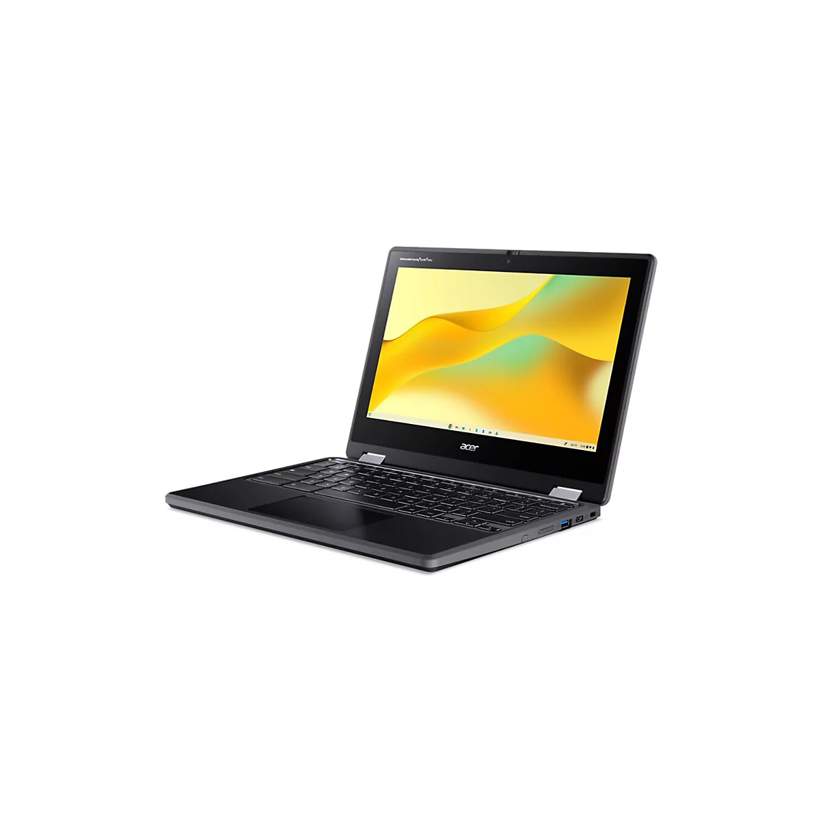 Ein schwarzes Acer Chromebook-Laptop, das teilweise geöffnet auf weißem Hintergrund steht. Der Bildschirm zeigt ein gelbes, abstraktes Design.
