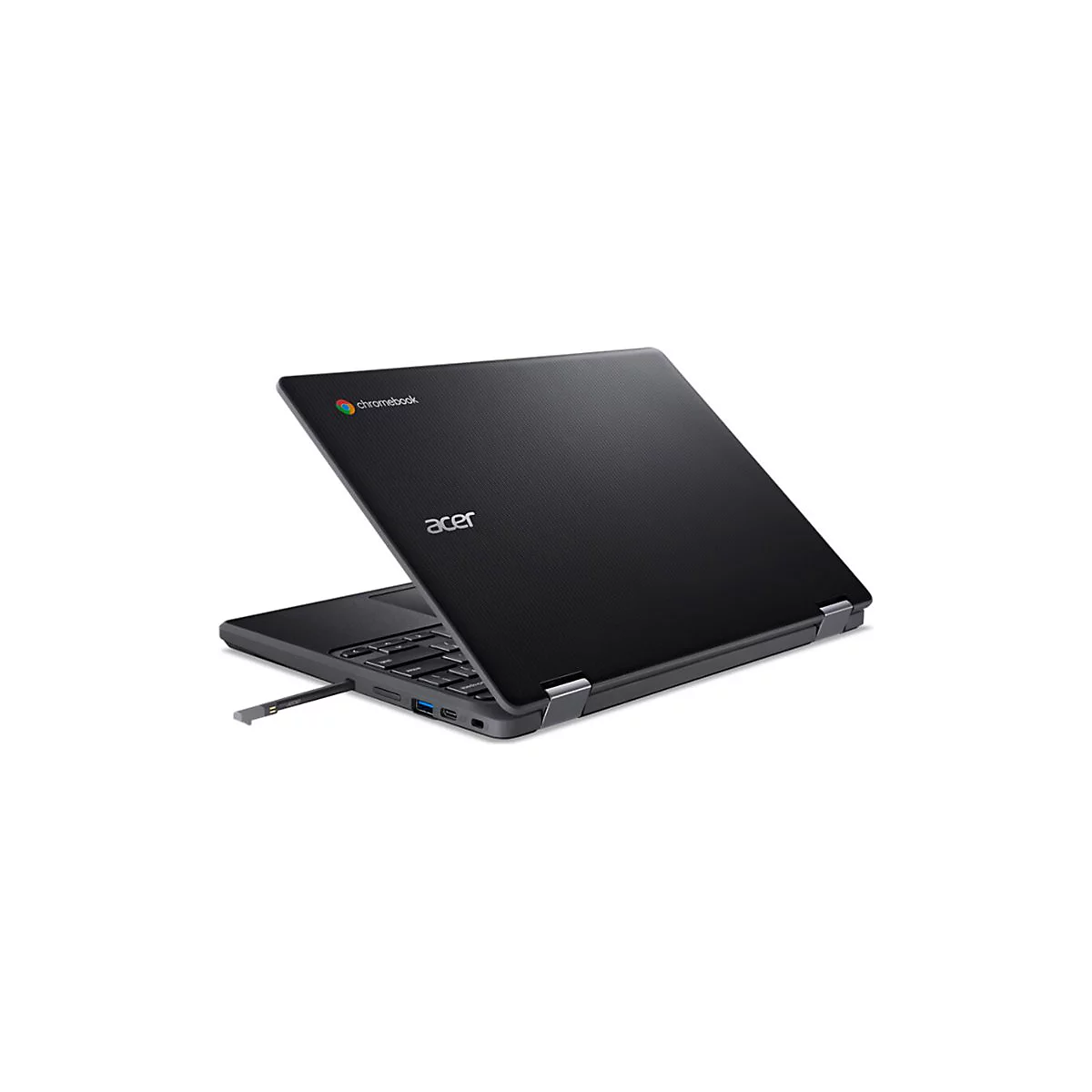 Schwarzes Acer Chromebook, halb geöffnet, auf weißem Hintergrund. Chromebook-Logo oben links, Acer-Logo mittig.