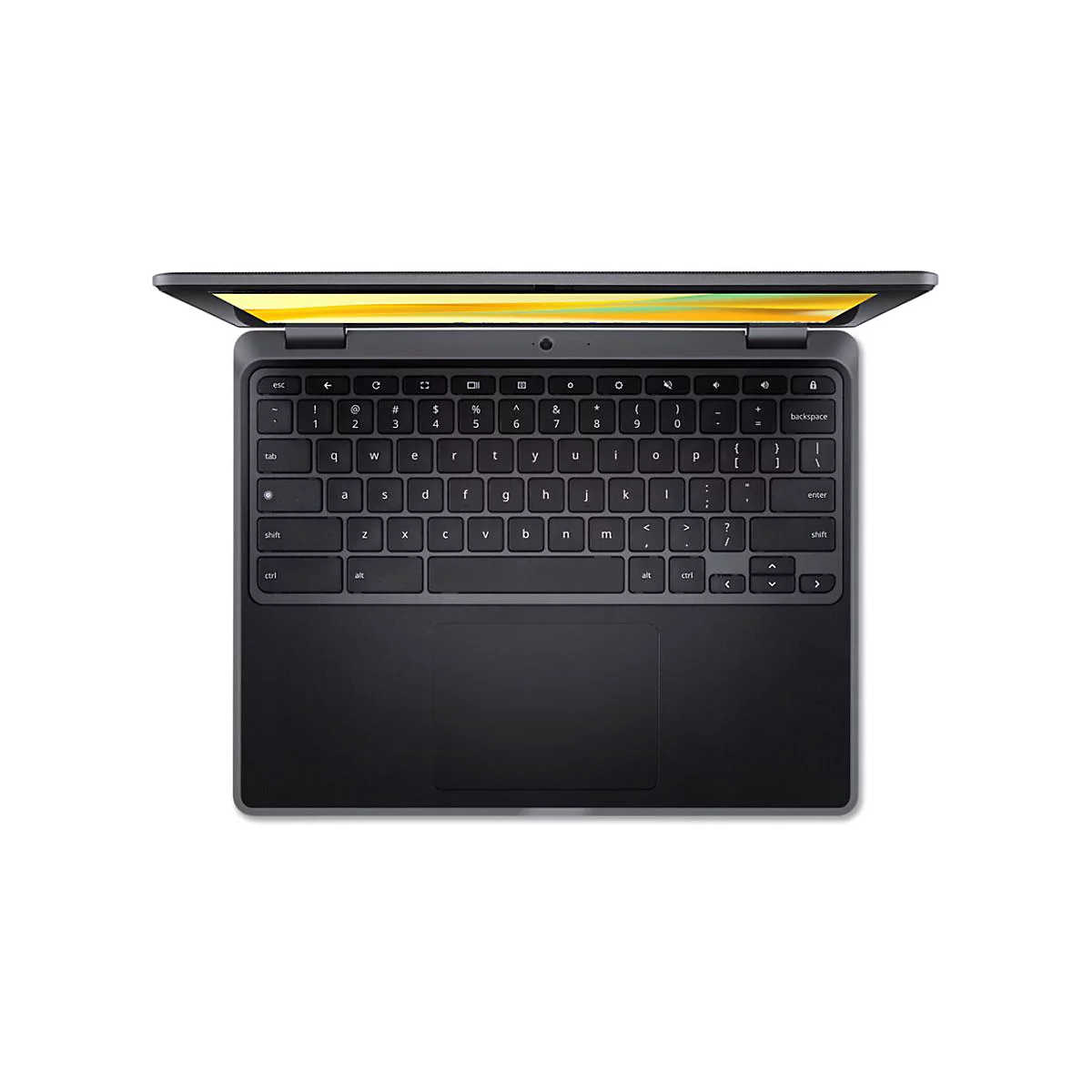 Draufsicht auf einen schwarzen Laptop mit geöffnetem Bildschirm. Die Tastatur und das Touchpad sind deutlich zu sehen.