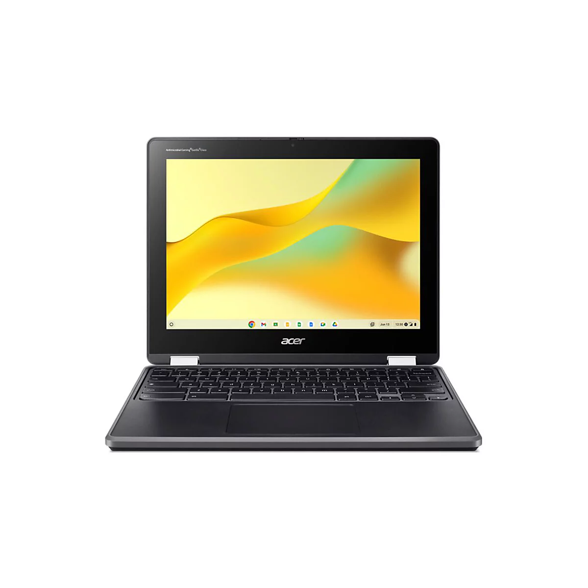 Schwarzer Laptop von Acer, geöffnet. Auf dem Bildschirm gelbe und grüne Formen. Tastatur und Touchpad unten, auf weißem Hintergrund.