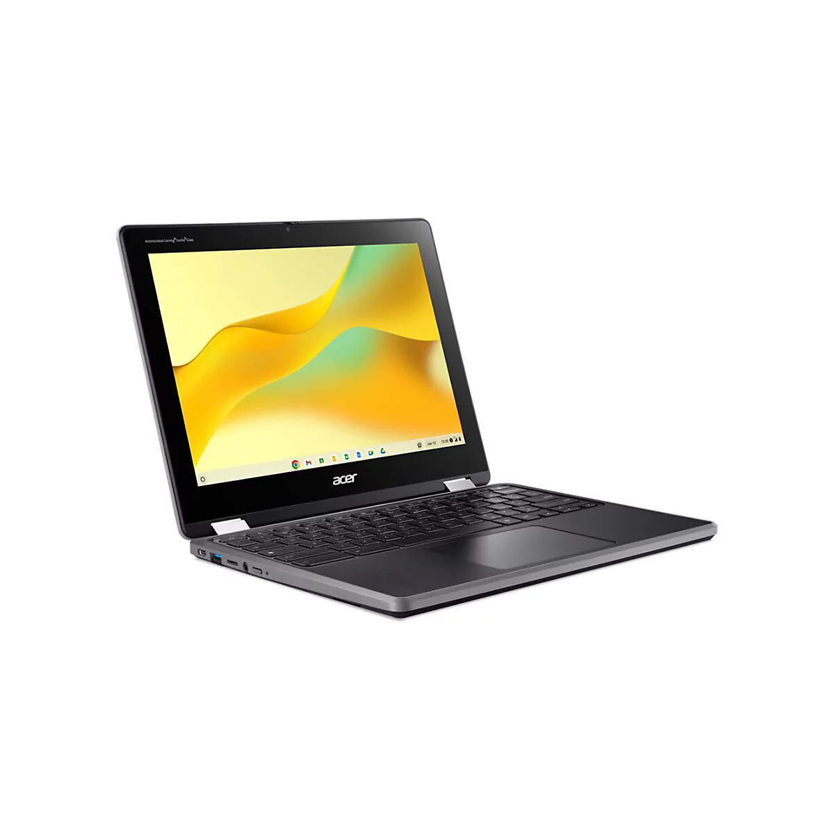 Schwarzes Acer Chromebook, halb geöffnet, auf weißem Hintergrund. Der Bildschirm zeigt ein gelbes Wellenmuster.