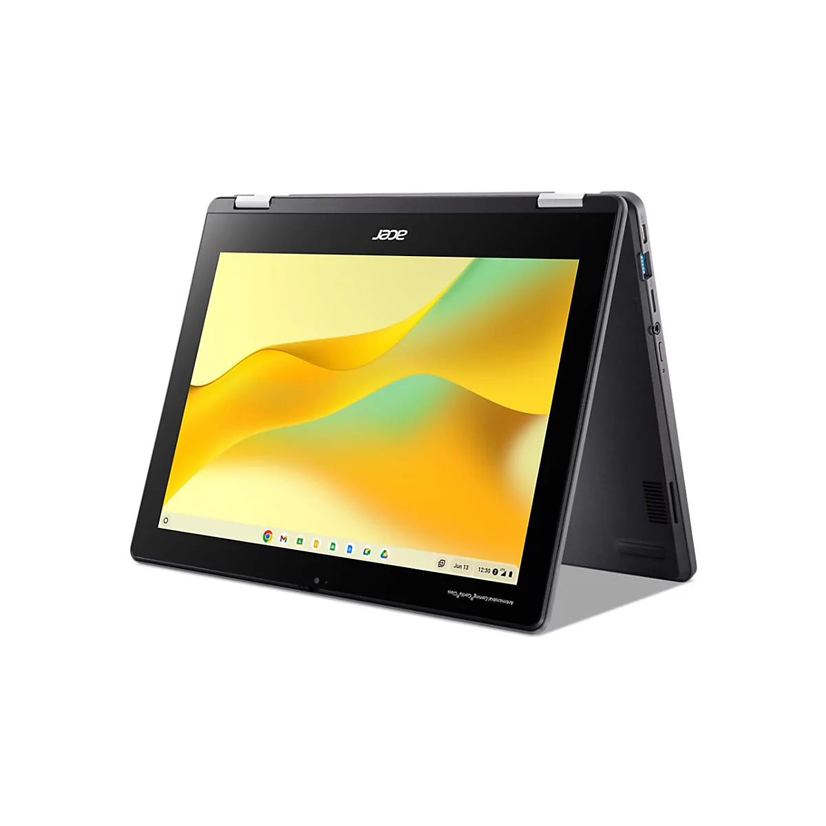 Schwarzes Acer Chromebook, Display geöffnet. Bildschirm zeigt gelbe und grüne Formen. Auf dem Display Datum und Uhrzeit.