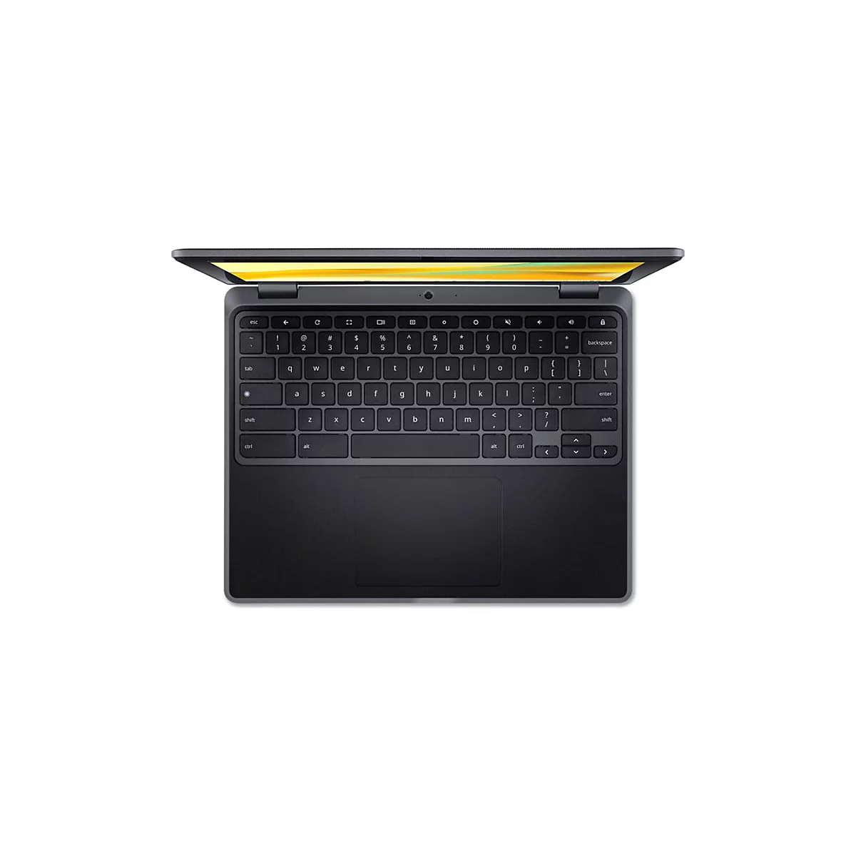 Draufsicht auf ein schwarzes Laptop mit geöffnetem Bildschirm und Tastatur. Der Bildschirm zeigt eine gelbliche Oberfläche, die Tastatur ist beleuchtet.