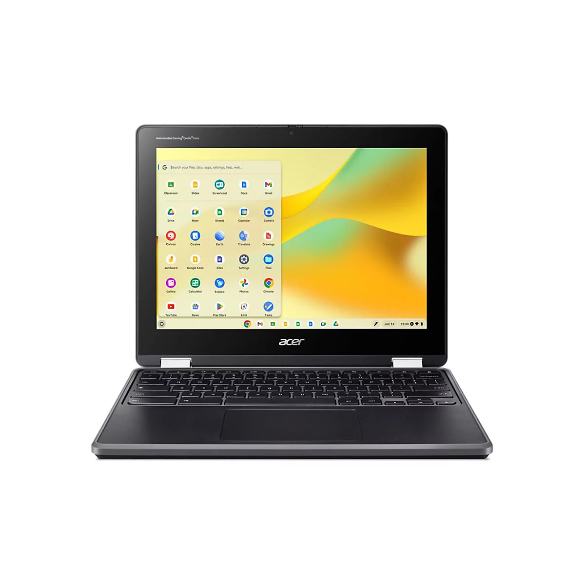 Ein schwarzes Acer Chromebook mit geöffnetem Bildschirm, auf dem ein App-Menü angezeigt wird.