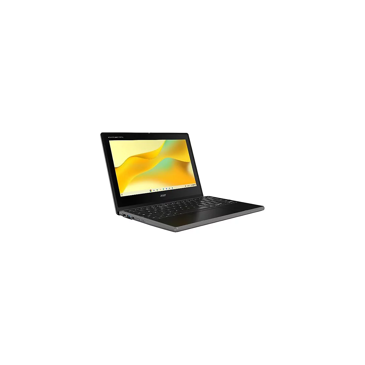 Schwarzes Acer Chromebook, halb geöffnet auf weißem Hintergrund, Bildschirm mit gelbem Hintergrund.