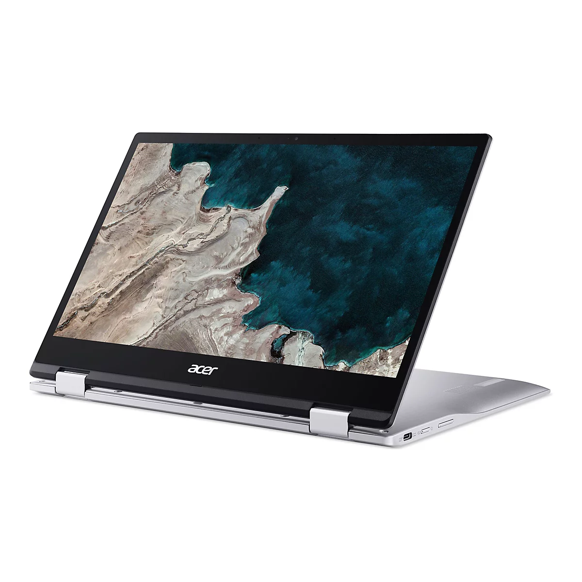 Ein silberfarbenes Acer Chromebook-Convertible im geöffneten Zustand, das Display zeigt eine Landschaft. Das Gerät ist vor weißem Hintergrund abgebildet.