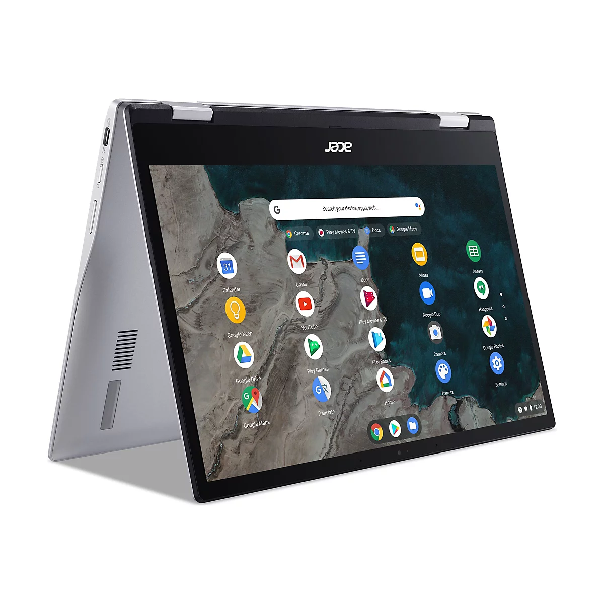 Ein silberner Acer Laptop ist teilweise geöffnet und zeigt das Display. Auf dem Bildschirm sind verschiedene App-Icons zu sehen, darunter Google Chrome, Gmail, Kalender und Google Maps.