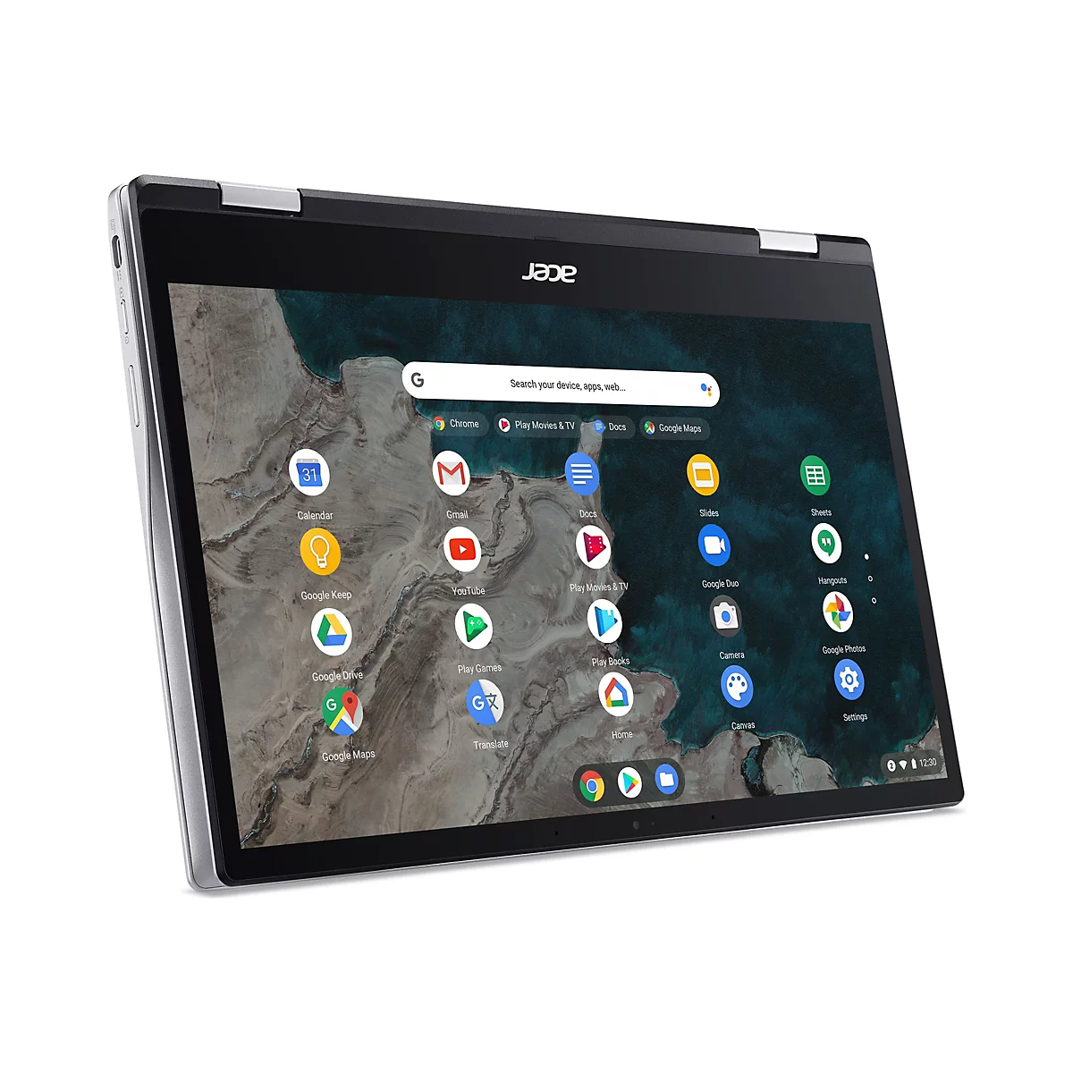 Ein Acer Chromebook-Tablet, schwarz und silbern, mit geöffnetem Bildschirm. Auf dem Bildschirm sind Google-Apps zu sehen, inklusive Chrome und Gmail.