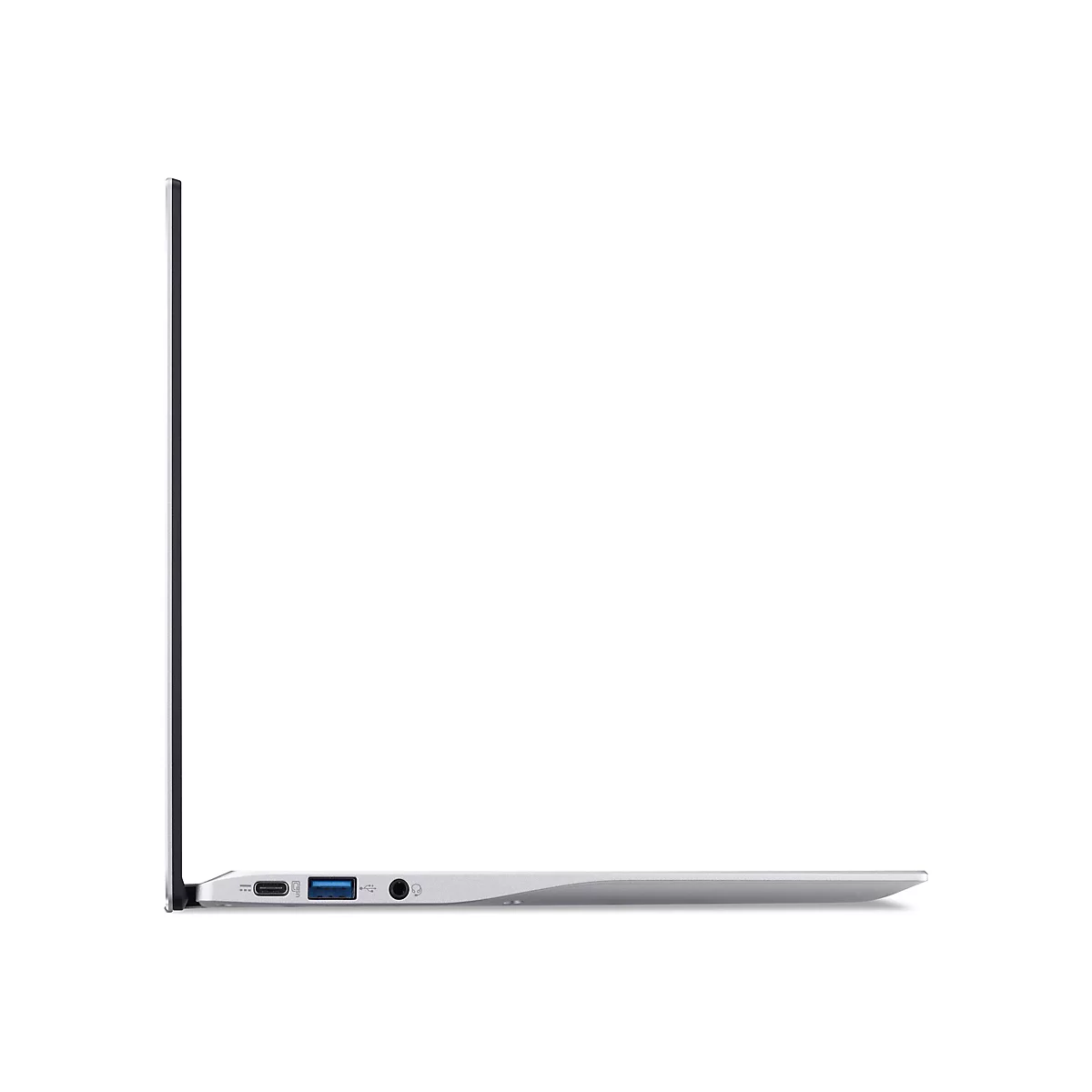 Seitenansicht eines silbernen Laptops auf weißem Hintergrund. Der Laptop ist geöffnet und zeigt verschiedene Anschlüsse.