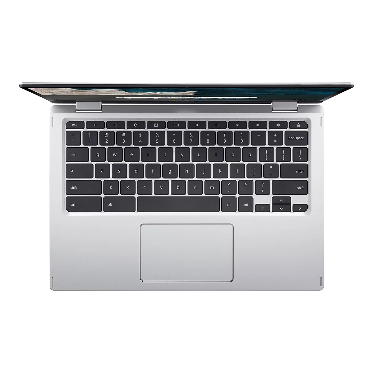 Draufsicht auf einen geöffneten, silbernen Laptop. Die Tastatur ist zu sehen, die Tasten sind schwarz mit weißer Schrift.