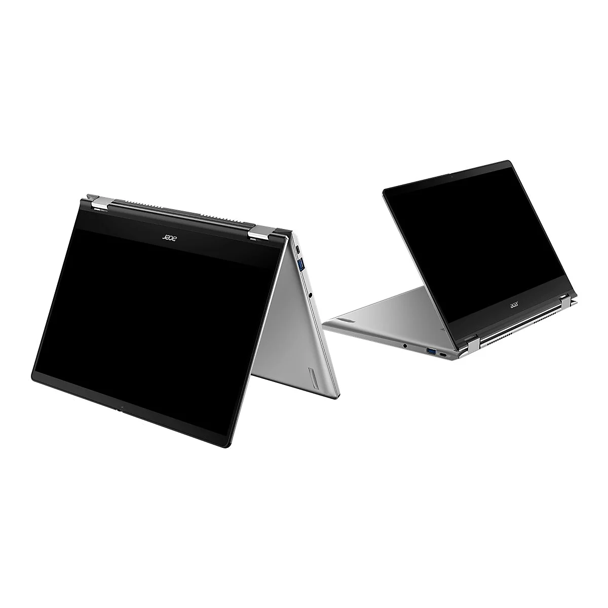 Zwei silberne Acer Laptops auf weißem Hintergrund, offen. Bildschirme sind schwarz, "Acer" Schriftzug.