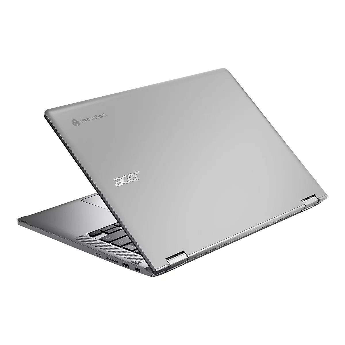 Ein silberner Acer Chromebook Laptop ist teilweise geöffnet, vor weißem Hintergrund. Der Schriftzug "Chromebook" und das Acer-Logo sind zu sehen.