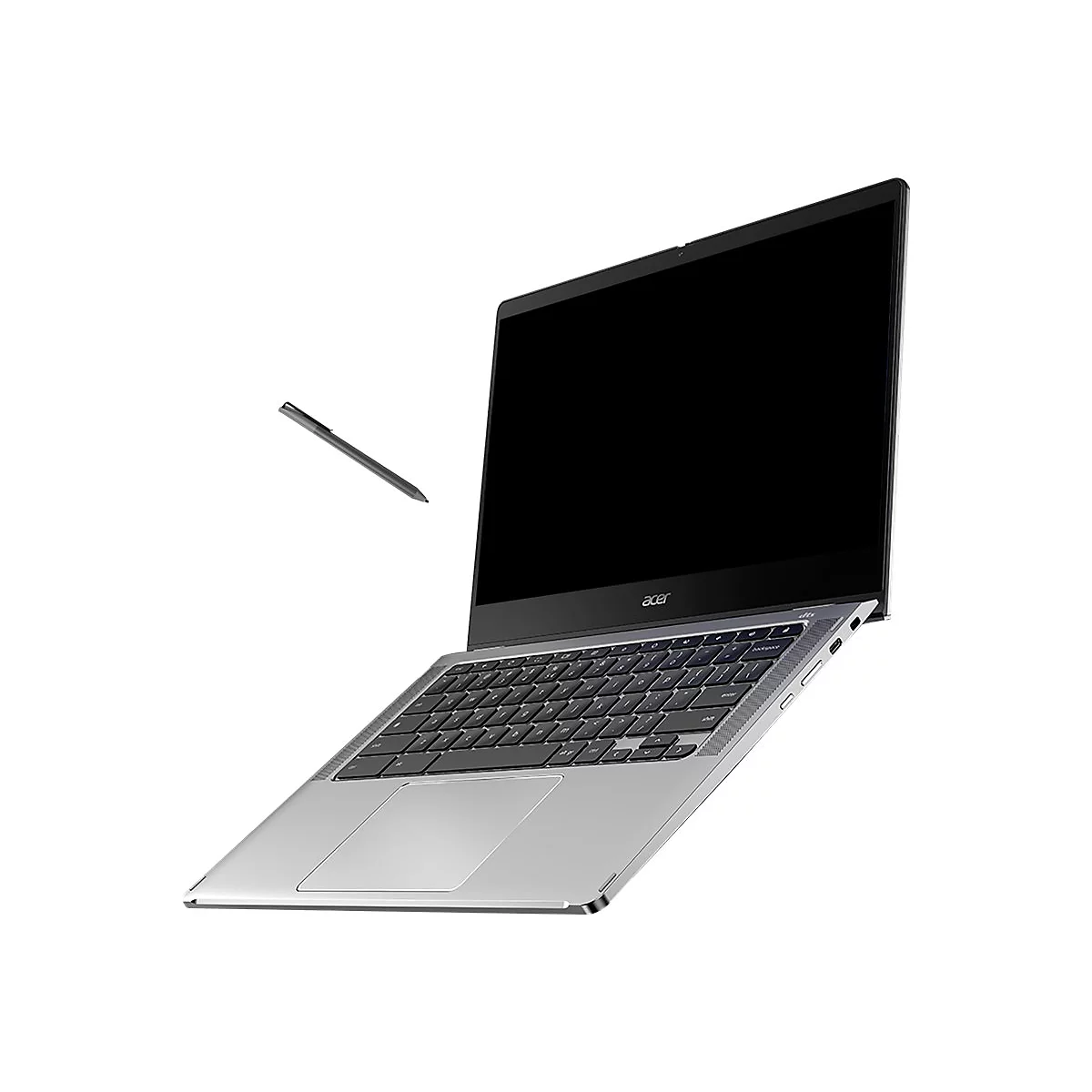 Ein silberner Laptop mit schwarzem Bildschirm, daneben ein Stift. Auf dem Bildschirm ist das Acer-Logo zu sehen.