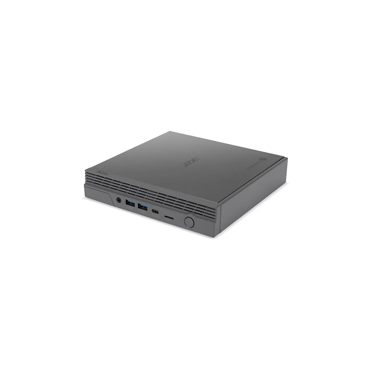 Grauer Acer Chromebox Computer, flach und rechteckig, mit Anschlüssen.