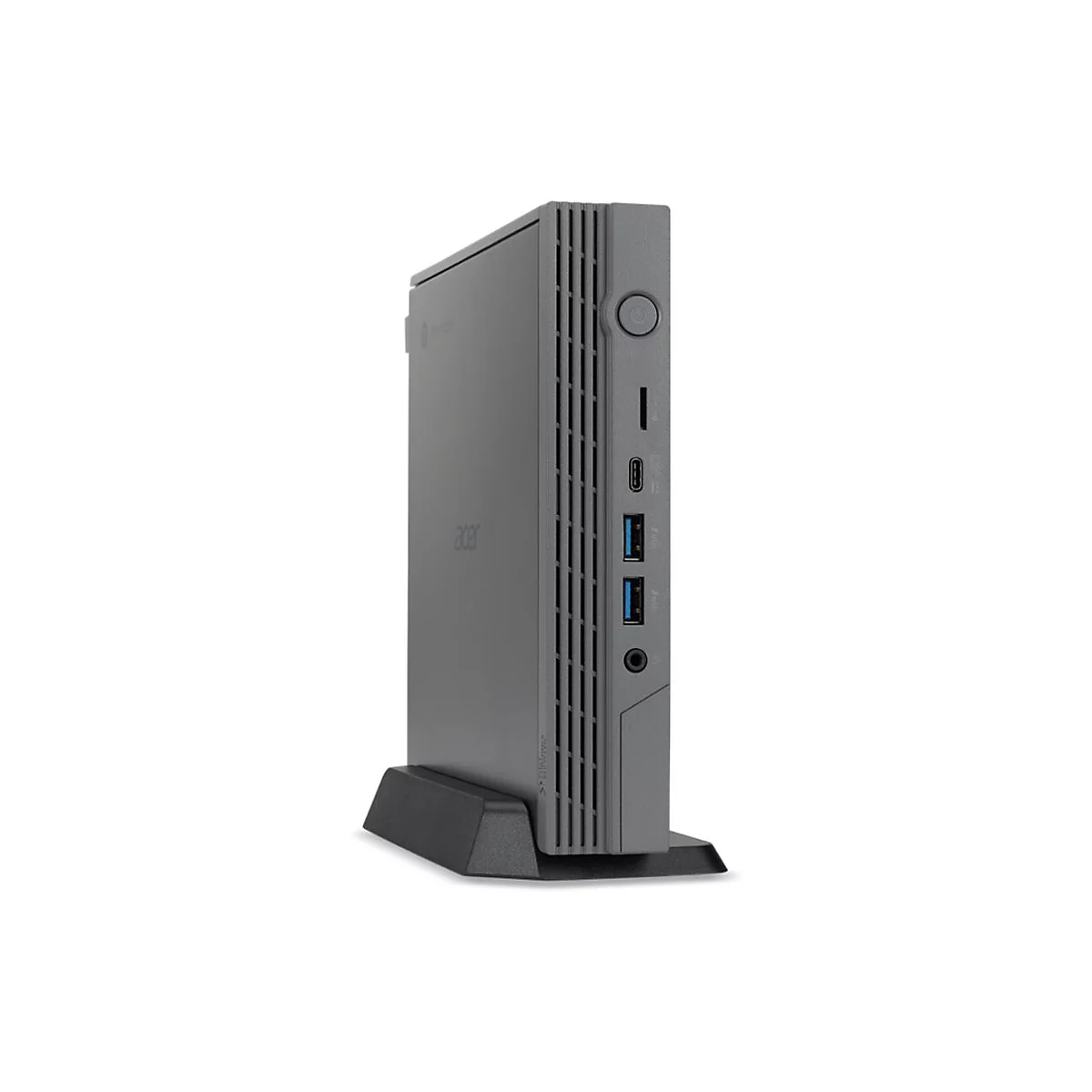 Grauer Acer-Mini-PC, der auf einer schwarzen Halterung steht. Er hat Anschlüsse und das Acer-Logo.