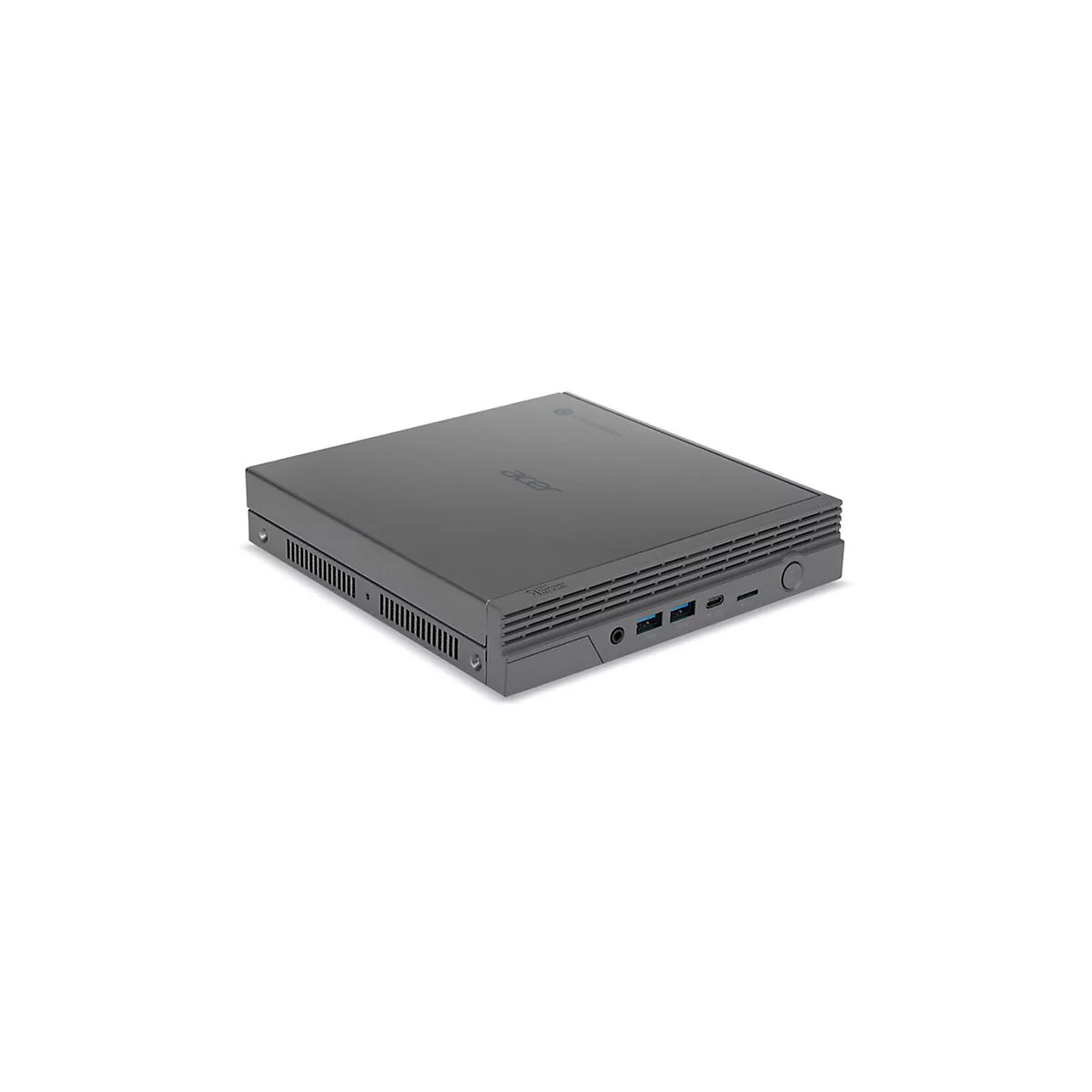 Grauer Acer Chromebox Computer, von vorne schräg fotografiert. Sichtbar sind das Acer Logo und die Anschlüsse.