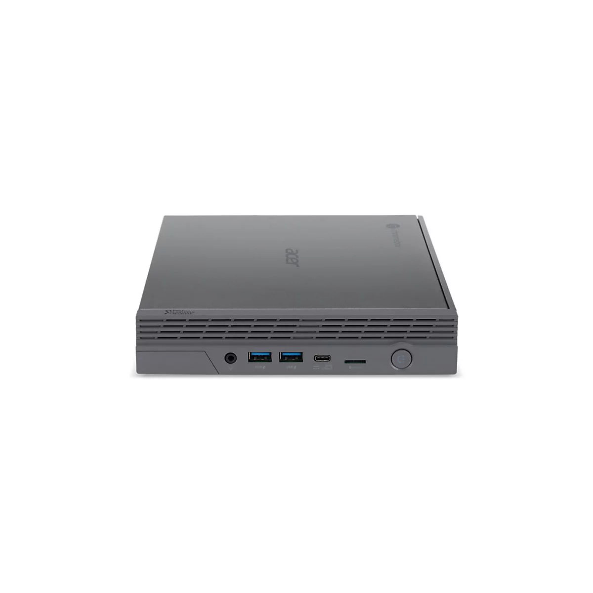 Grauer Acer Chromebox-Computer. Oben steht Acer, rechts 'chromebox', links Schriftzug.