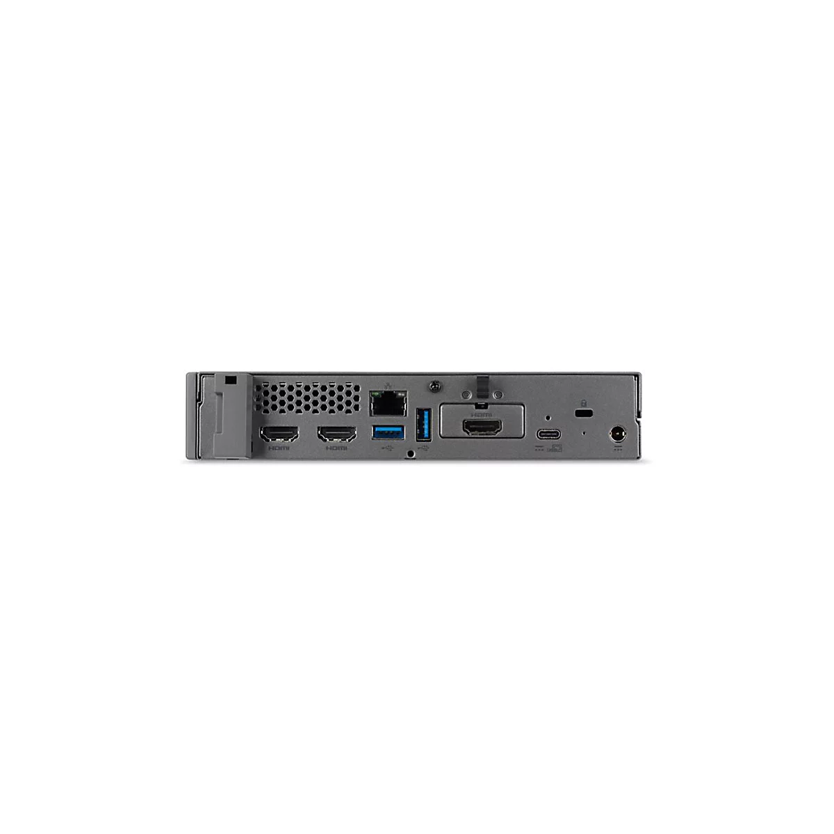 Grauer Multiport-Adapter mit HDMI-, USB- und Ethernet-Anschlüssen. Details zeigen Ports und Lüftungsschlitze.