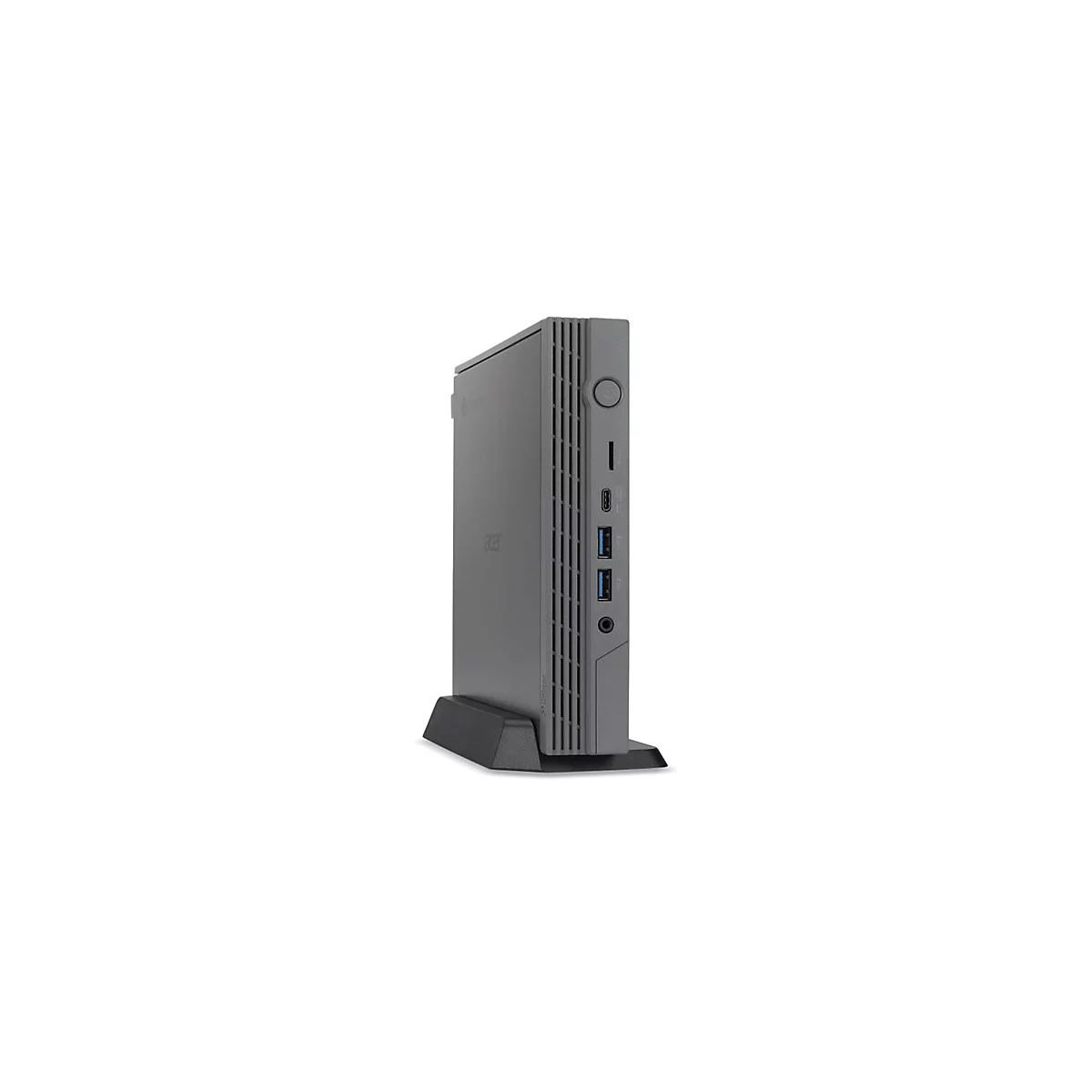 Dunkelgrauer Desktop-PC mit vertikaler Ausrichtung, Frontansicht. Auf einem schwarzen StÃ¤nder.