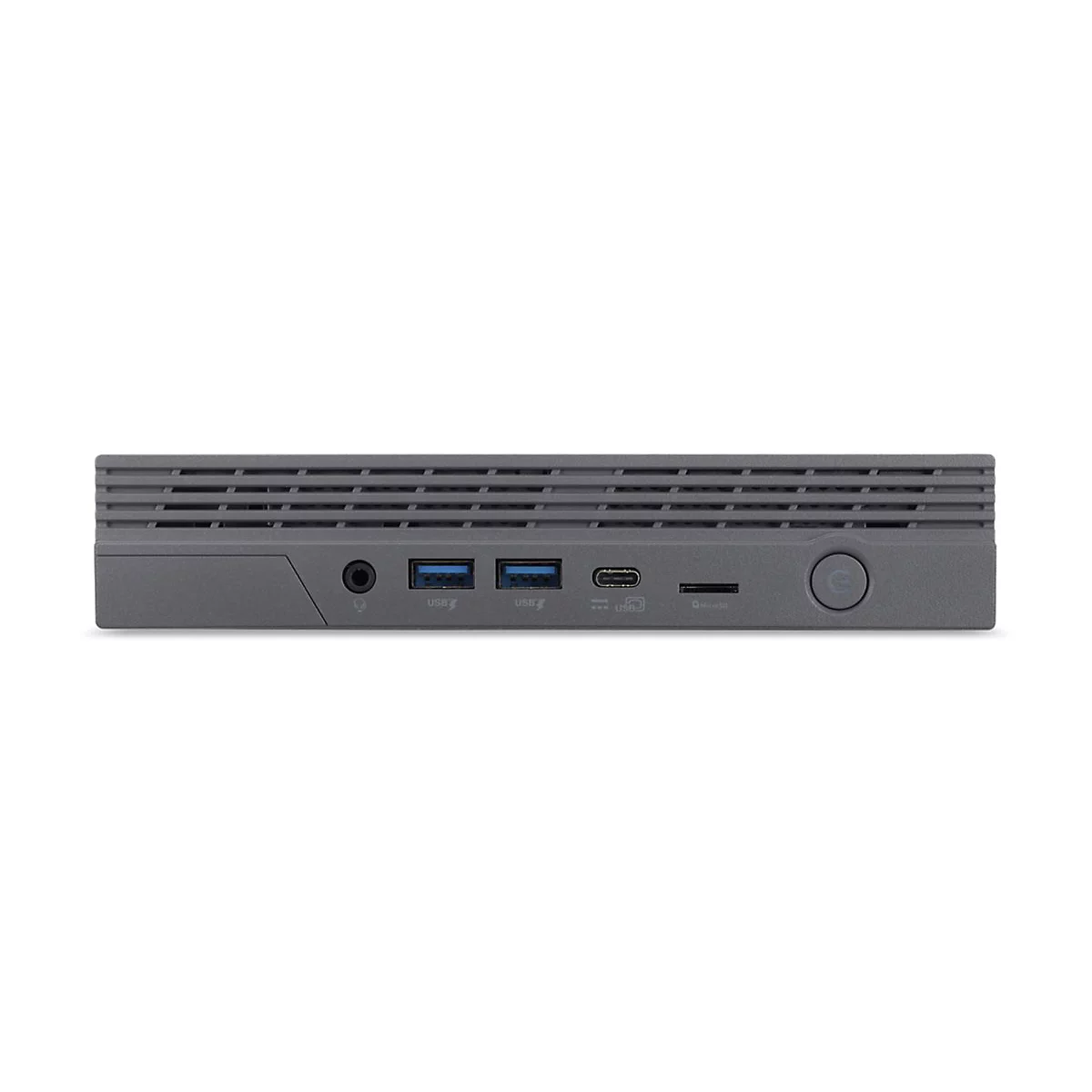 Grauer Mini-PC. AnschlÃ¼sse: Audio, USB, USB-C, SD-Kartenleser, Ein/Aus-Taste.