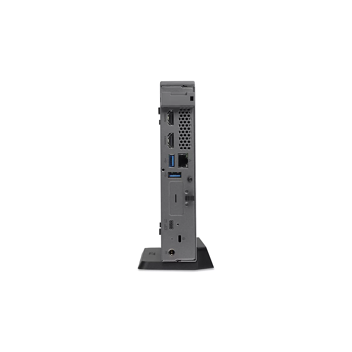 Seitenansicht einer grauen Dockingstation mit AnschlÃ¼ssen, darunter USB und HDMI, auf weiÃŸem Hintergrund.