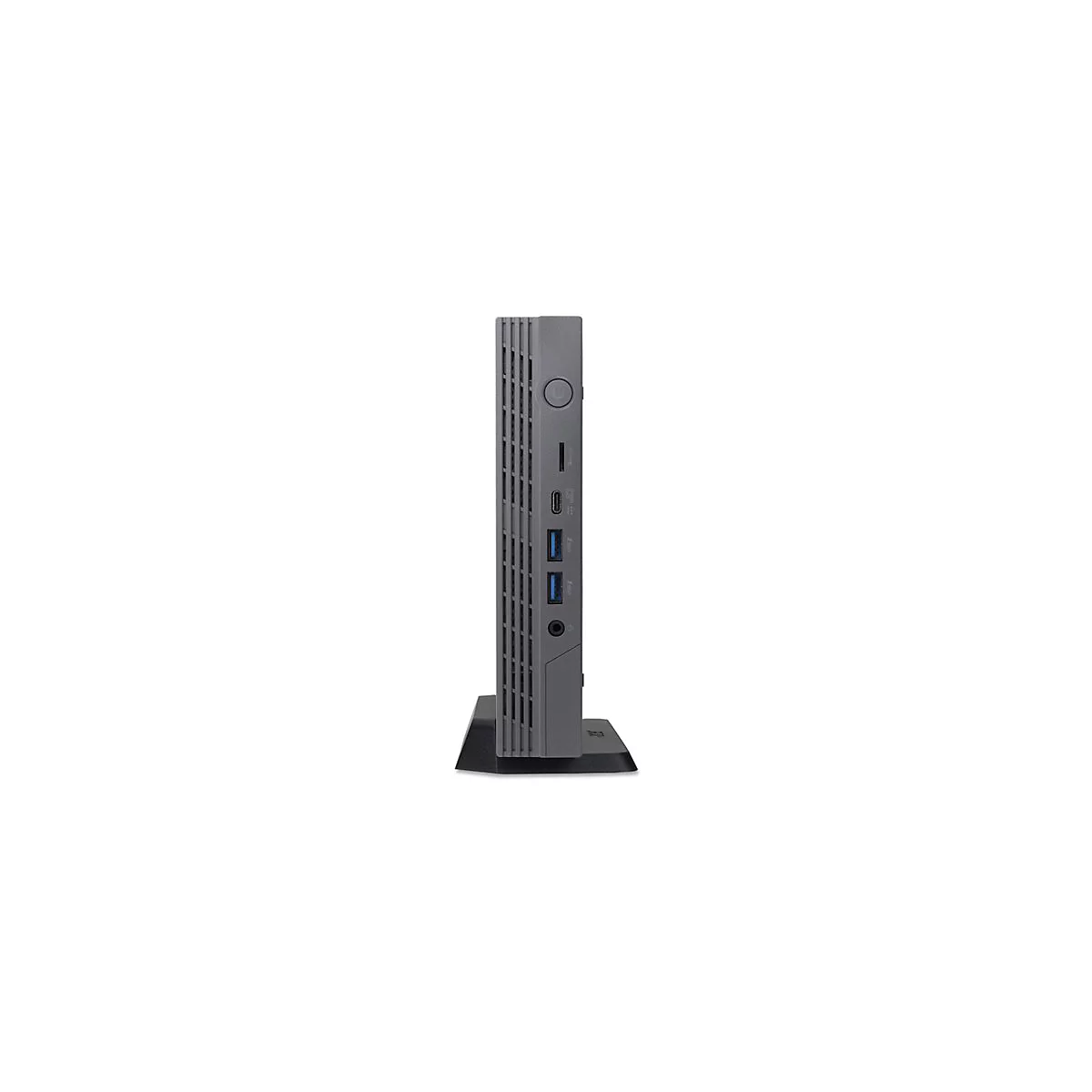 Grauer Desktop-PC-Tower, seitlich betrachtet, mit AnschlÃ¼ssen und StandfuÃŸ vor weiÃŸem Hintergrund.