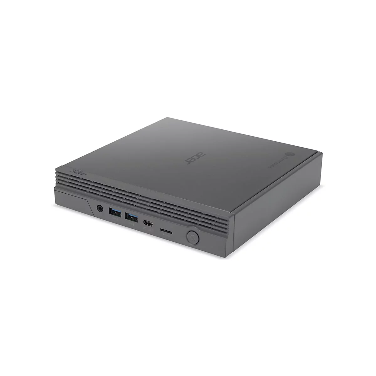 Grauer Acer Chromebox-Computer mit AnschlÃ¼ssen, die sich auf einer weiÃŸen OberflÃ¤che befinden.