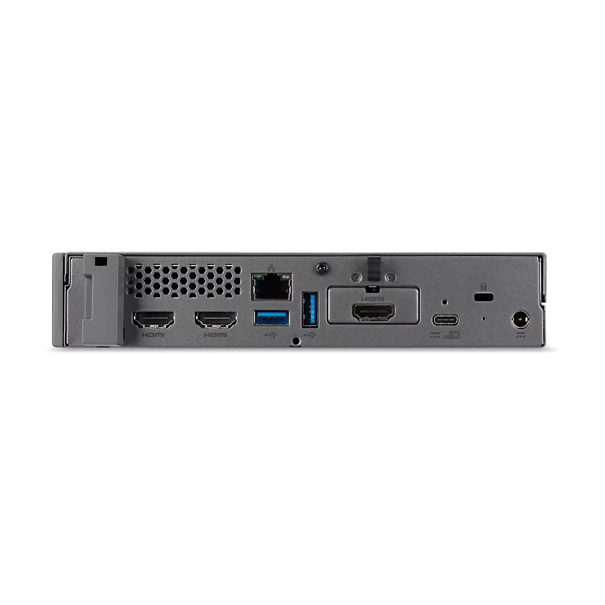 RÃ¼ckansicht einer grauen elektronischen Box mit AnschlÃ¼ssen: HDMI, USB, Ethernet, Strom.