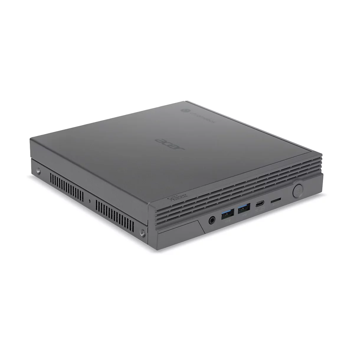 Dunkelgrauer Acer Chromebox-Computer, seitlich gesehen, auf weißem Hintergrund. Mit Acer-Logo und verschiedenen Anschlüssen.