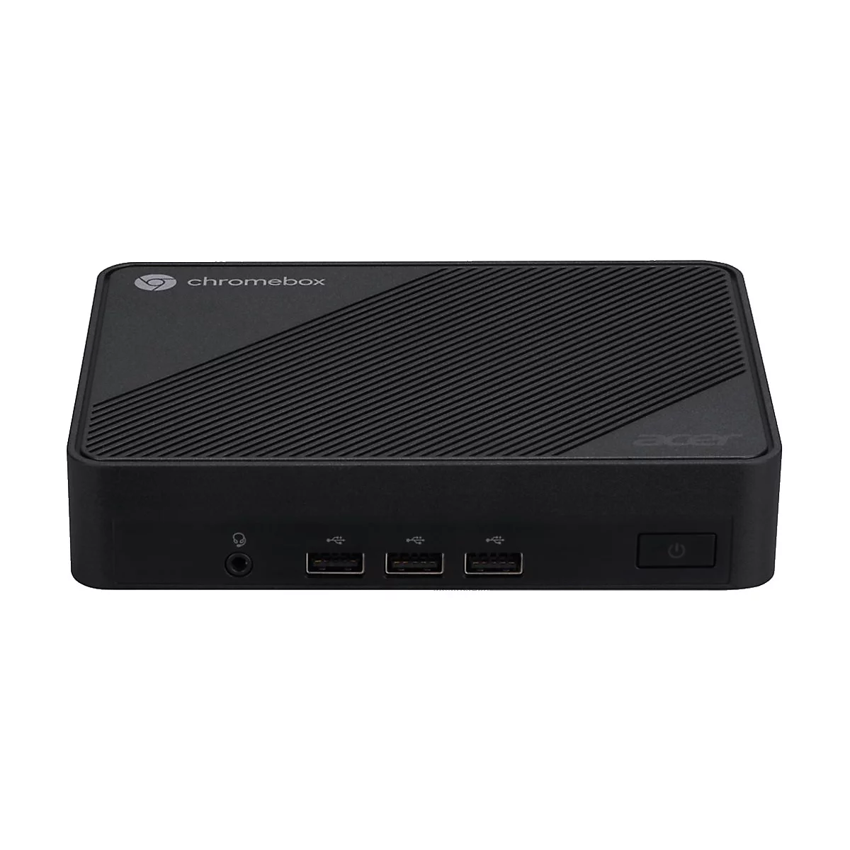 Schwarzer Acer Chromebox Computer. Oben: Logo. Vorne: Anschlüsse für Audio, USB, und Ein-/Ausschalter.