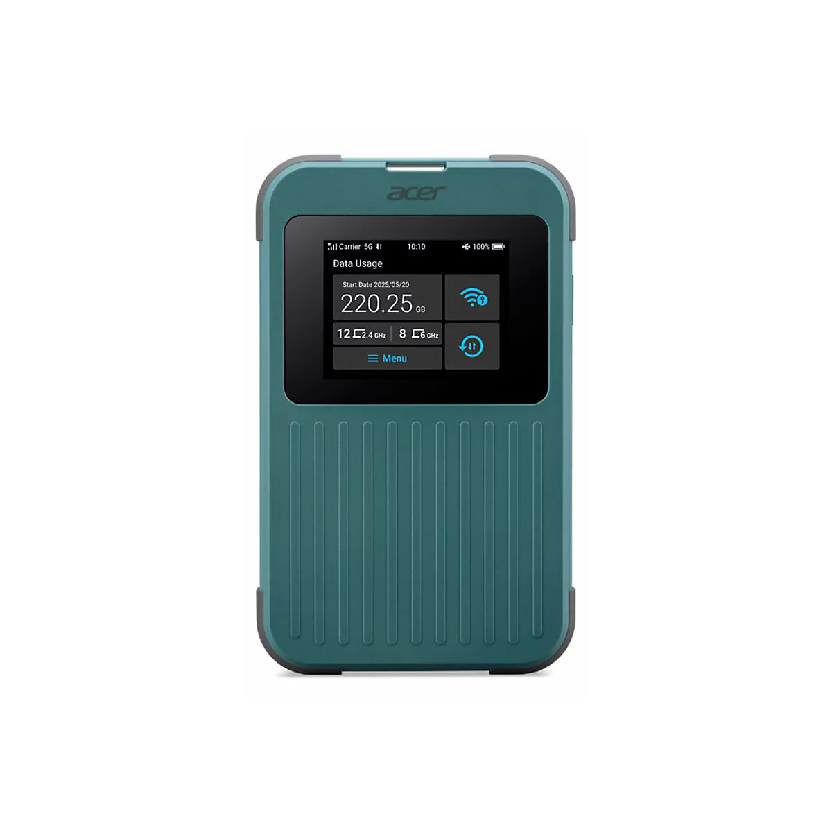 Acer 5G Mobiler Hotspot mit grünem Gehäuse und digitalem Display vor weißem Hintergrund.
