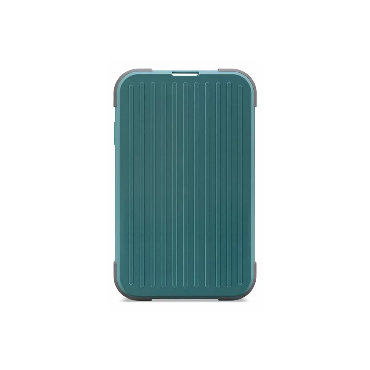 Petrolfarbene Smartphone-Hülle mit vertikalem Rillen-Design und grauen Ecken vor weißem Hintergrund.