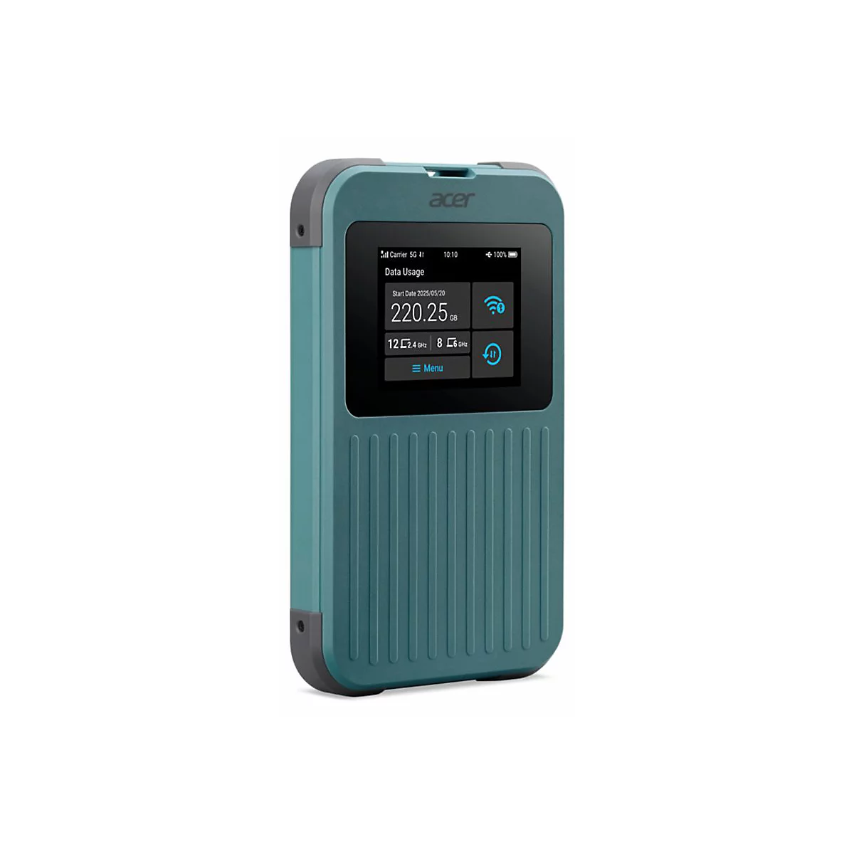 Blauer Acer 5G-Mobilrouter mit Display, das Datenverbrauch und Netzwerkstatus anzeigt.