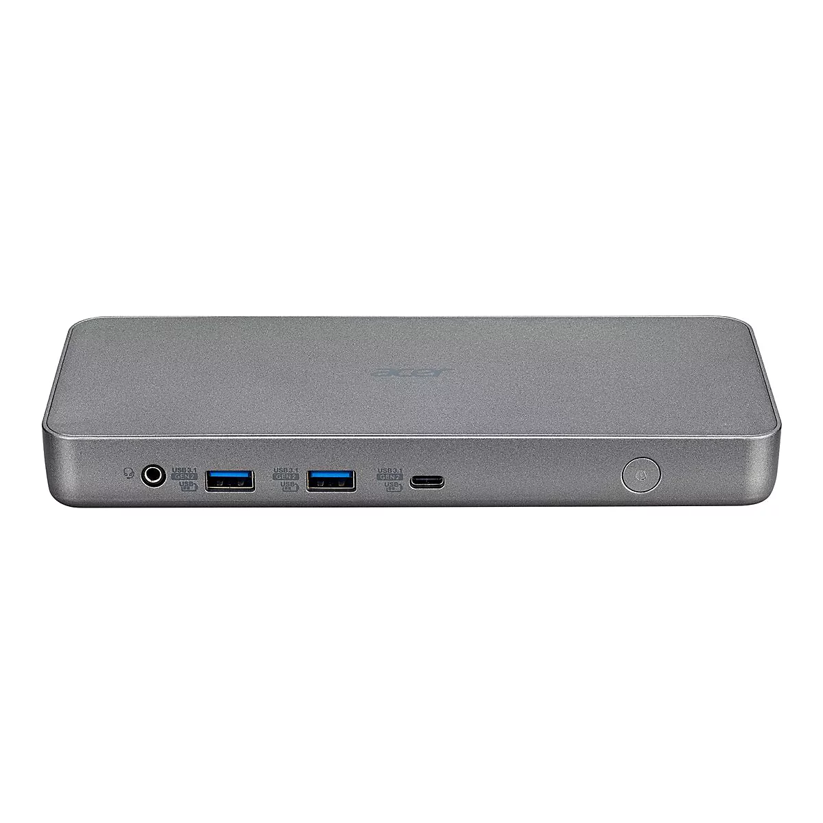 Graue Acer-Dockingstation mit AnschlÃ¼ssen, wie USB, KopfhÃ¶rer und USB-C, liegt auf weiÃŸem Hintergrund.
