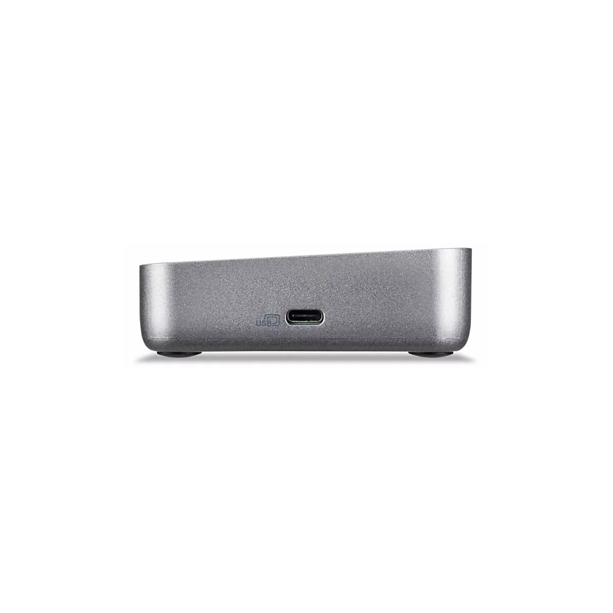 Graue, rechteckige Hardware mit einem USB-C-Anschluss und Logo, das an ein HDMI-Anschluss erinnert.