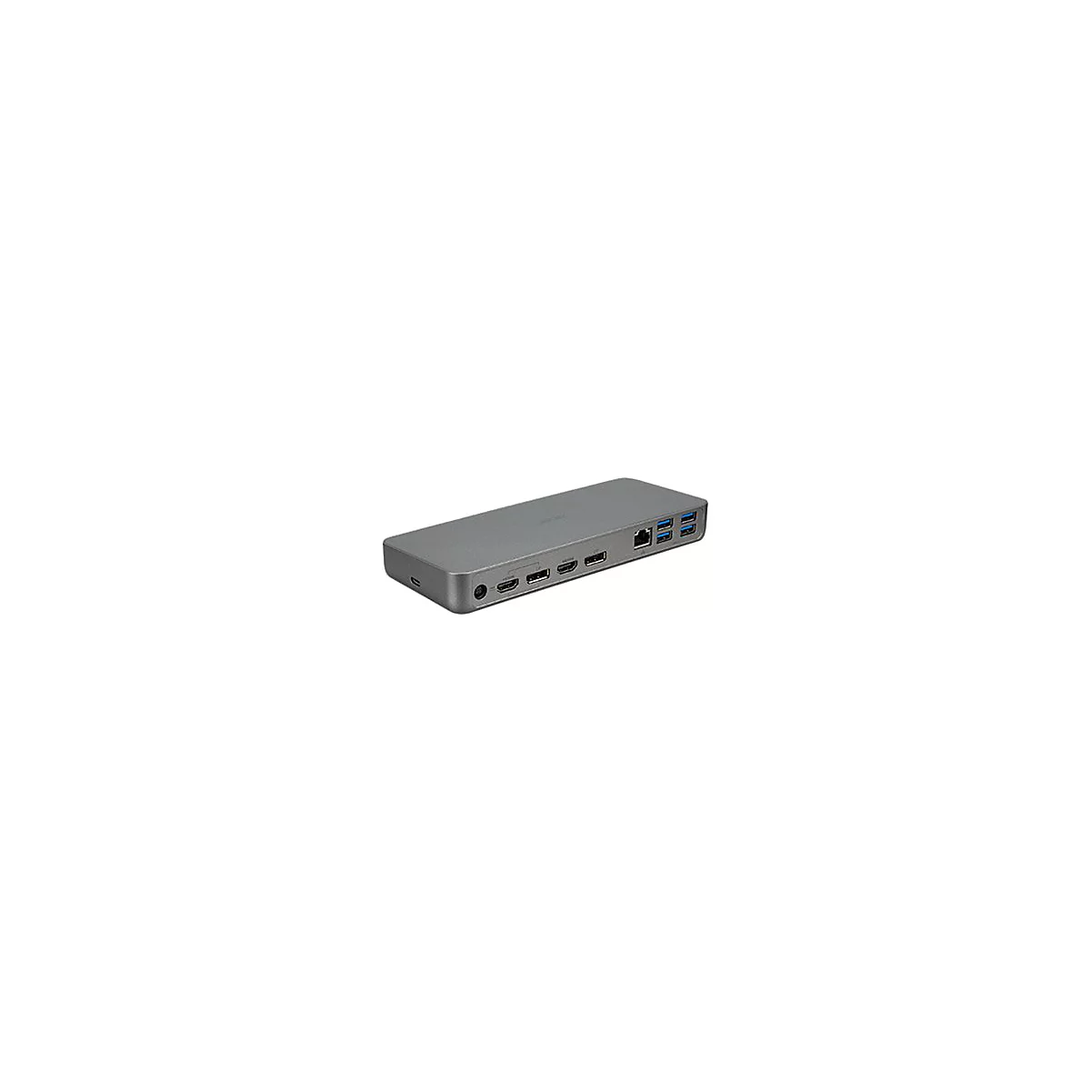 Graues Dockingstation mit AnschlÃ¼ssen wie HDMI, USB und Ethernet, auf weiÃŸem Hintergrund.