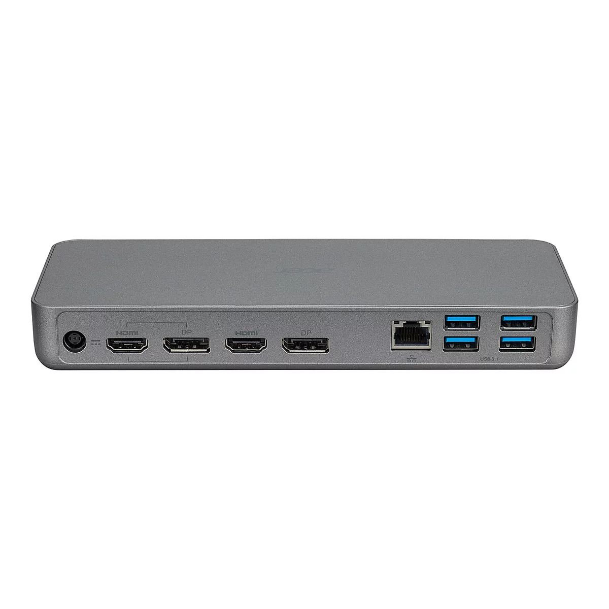 Graue Dockingstation mit vielen AnschlÃ¼ssen, wie HDMI, USB und Netzwerk.