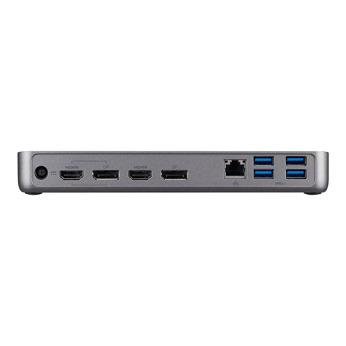 Grauer Docking-Port mit verschiedenen AnschlÃ¼ssen. Links: Stromanschluss, HDMI, DP. Rechts: Ethernet, USB, USB-C.