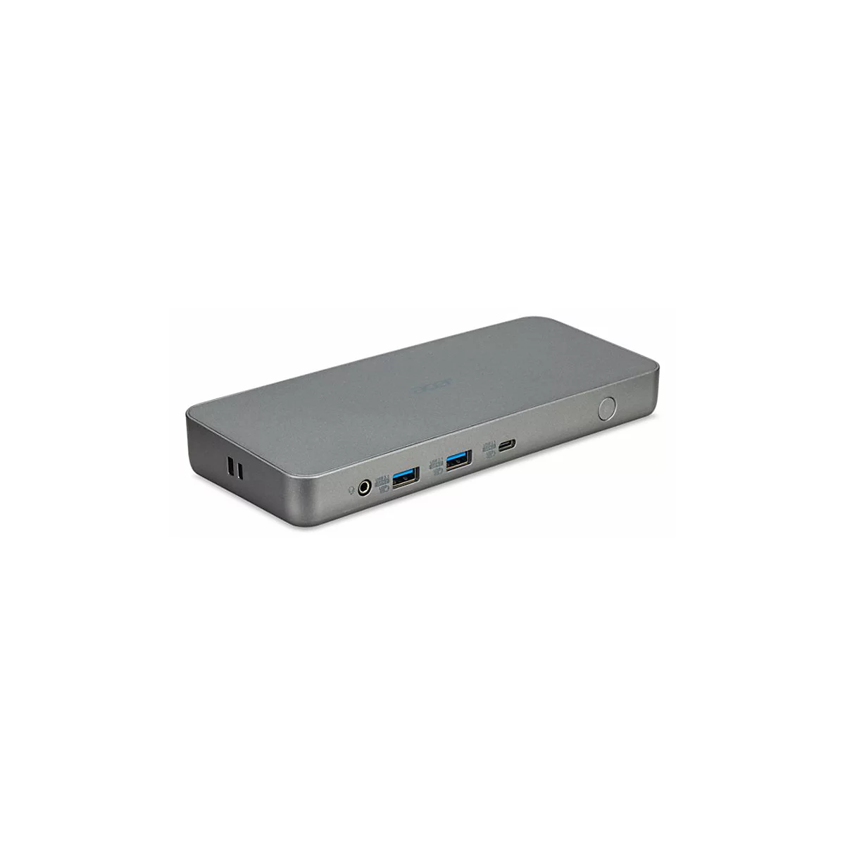 Graue Acer-Dockingstation mit AnschlÃ¼ssen wie USB und Audioanschluss. Auf weiÃŸem Hintergrund.