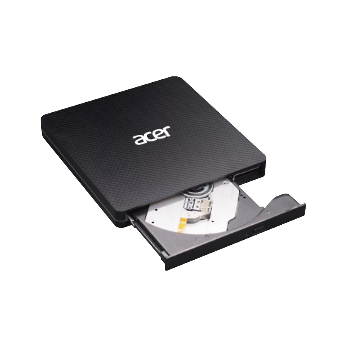 Schwarzes, externes Acer CD-DVD-Laufwerk mit geöffnetem Fach vor weißem Hintergrund.