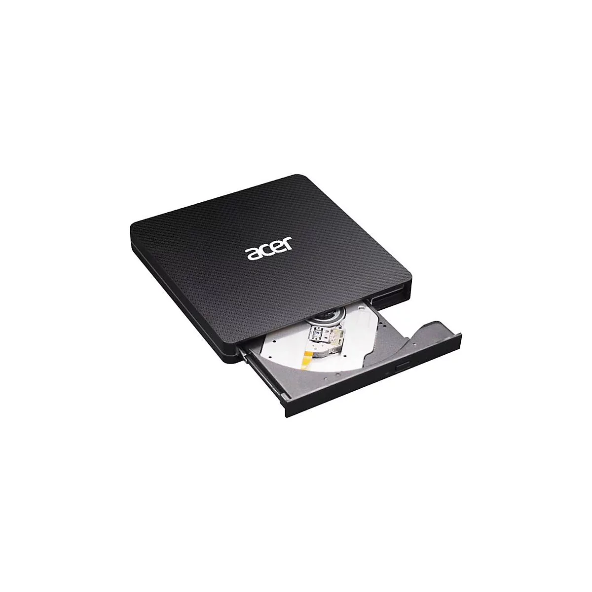 Schwarzes, externes Acer CD/DVD-Laufwerk mit ausgefahrenem Laufwerksschlitten vor weißem Hintergrund.